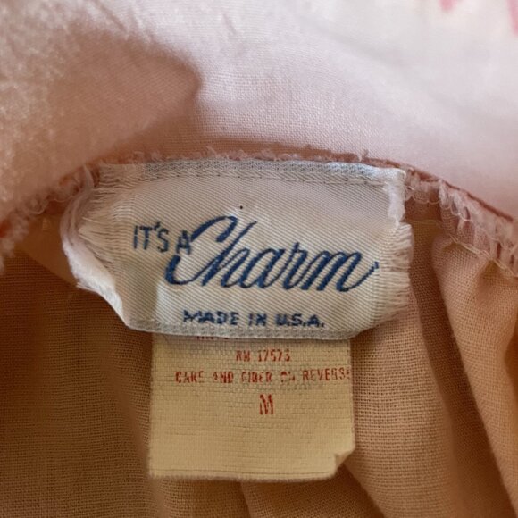 70s Vintage It's A Charm Pink Button-Down Robe With Embroidered Sleeves Size M - Picture 5 of 7